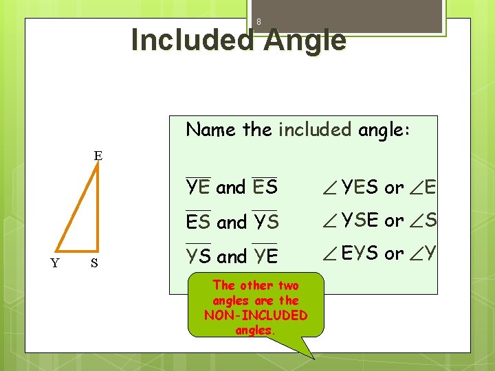 8 Included Angle Name the included angle: E Y S YE and ES YES