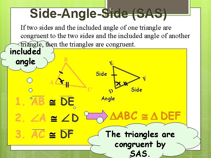 Side-Angle-Side (SAS) 9 If two sides and the included angle of one triangle are