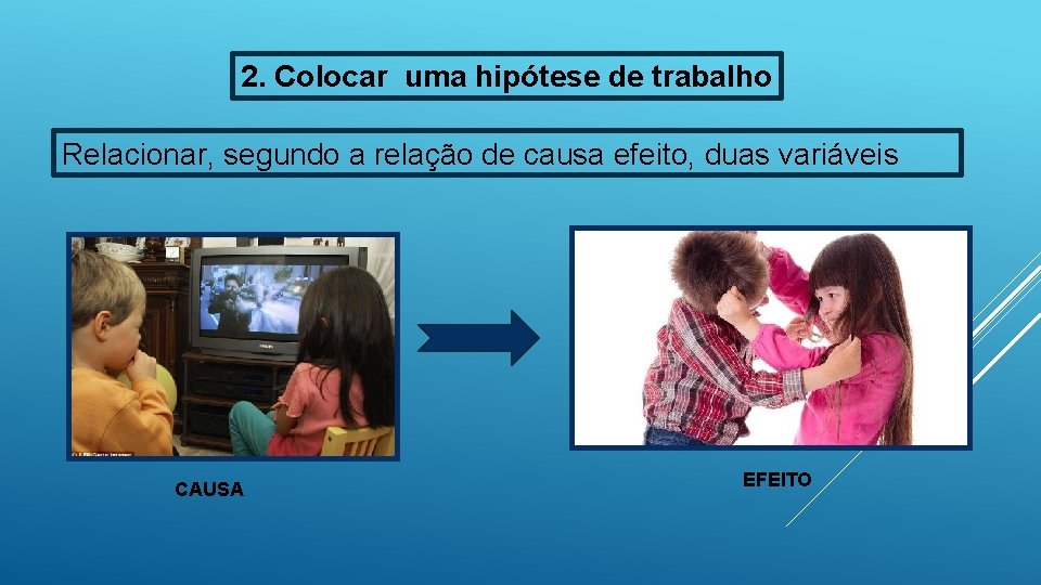 2. Colocar uma hipótese de trabalho Relacionar, segundo a relação de causa efeito, duas