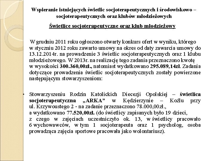 Wspieranie istniejących świetlic socjoterapeutycznych i środowiskowo – socjoterapeutycznych oraz klubów młodzieżowych Świetlice socjoterapeutyczne oraz