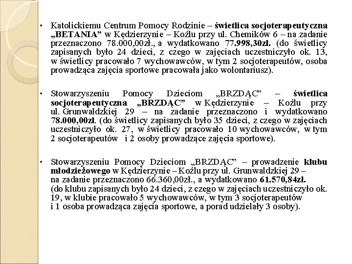  • Katolickiemu Centrum Pomocy Rodzinie – świetlica socjoterapeutyczna „BETANIA” w Kędzierzynie – Koźlu