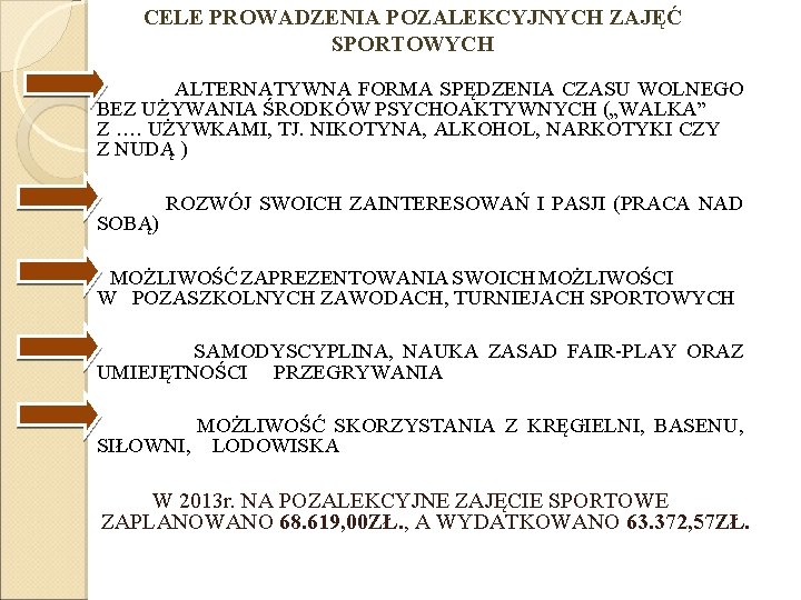 CELE PROWADZENIA POZALEKCYJNYCH ZAJĘĆ SPORTOWYCH ALTERNATYWNA FORMA SPĘDZENIA CZASU WOLNEGO BEZ UŻYWANIA ŚRODKÓW PSYCHOAKTYWNYCH