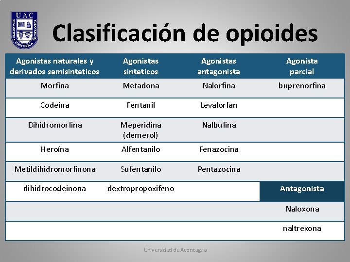 Clasificación de opioides Agonistas naturales y derivados semisinteticos Agonistas antagonista Agonista parcial Morfina Metadona