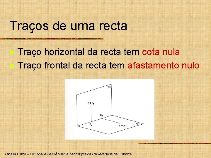 Traços de uma recta n n Traço horizontal da recta tem cota nula Traço