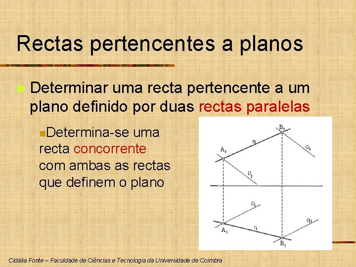 Rectas pertencentes a planos n Determinar uma recta pertencente a um plano definido por