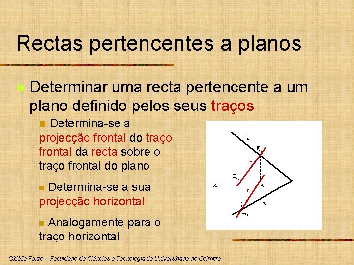 Rectas pertencentes a planos n Determinar uma recta pertencente a um plano definido pelos