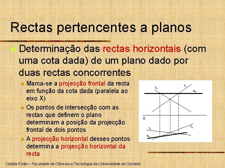 Rectas pertencentes a planos n Determinação das rectas horizontais (com uma cota dada) de