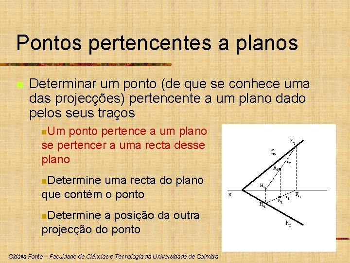 Pontos pertencentes a planos n Determinar um ponto (de que se conhece uma das