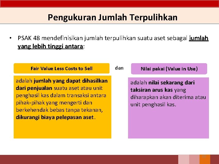 Pengukuran Jumlah Terpulihkan • PSAK 48 mendefinisikan jumlah terpulihkan suatu aset sebagai jumlah yang