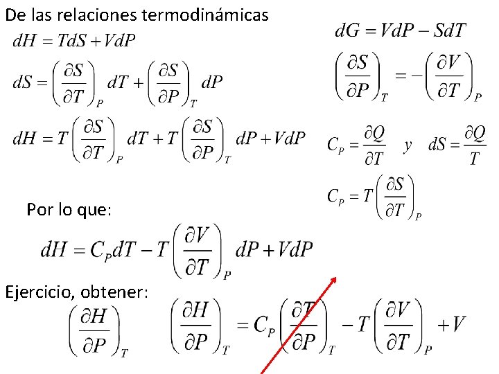 De las relaciones termodinámicas Por lo que: Ejercicio, obtener: De las relaciones termodinámicas Por lo que: Ejercicio, obtener: