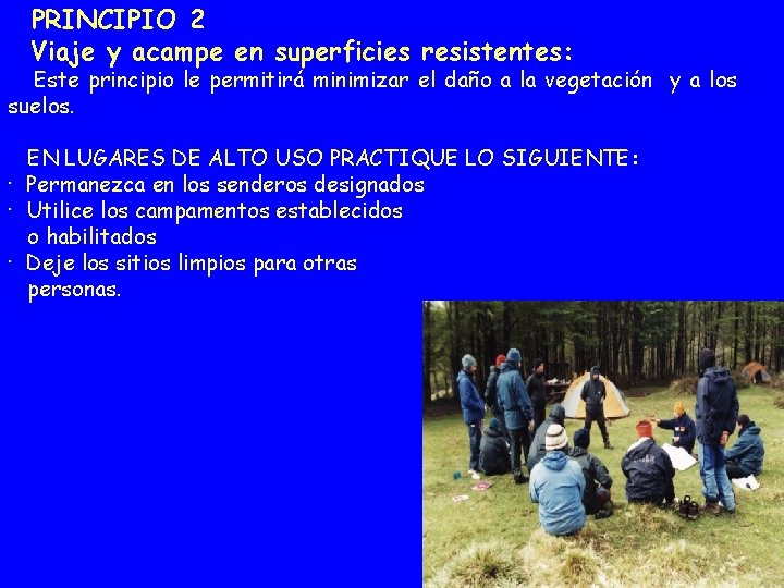PRINCIPIO 2 Viaje y acampe en superficies resistentes: Este principio le permitirá minimizar el