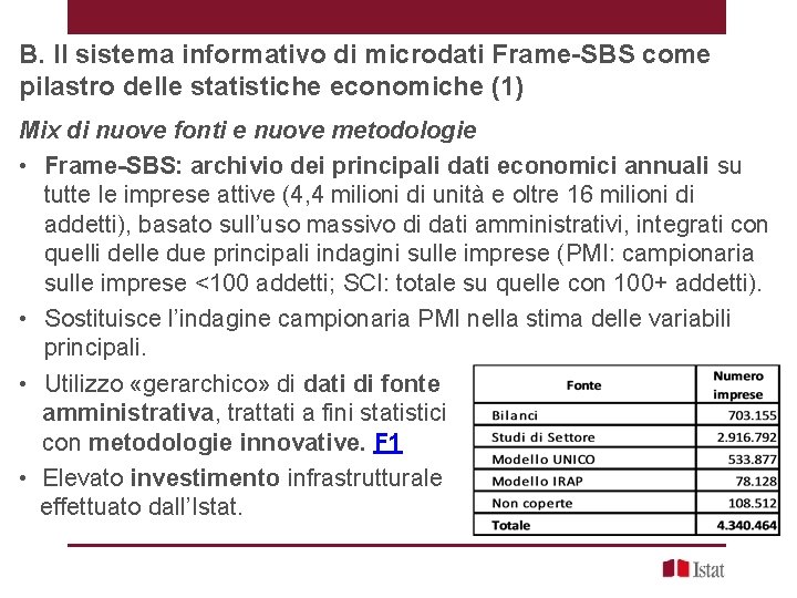 B. Il sistema informativo di microdati Frame-SBS come pilastro delle statistiche economiche (1) Mix