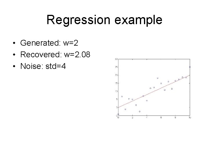 Regression example • Generated: w=2 • Recovered: w=2. 08 • Noise: std=4 