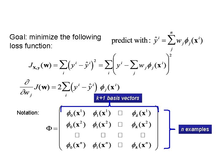 Goal: minimize the following loss function: k+1 basis vectors Notation: n examples 