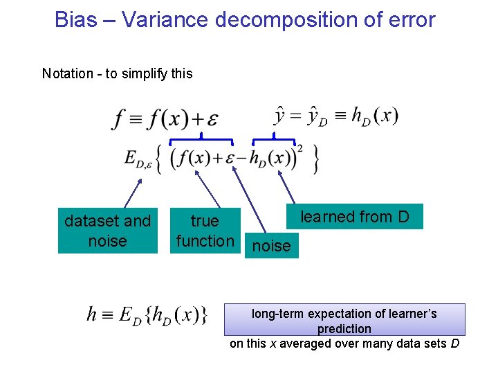 Bias – Variance decomposition of error Notation - to simplify this dataset and noise
