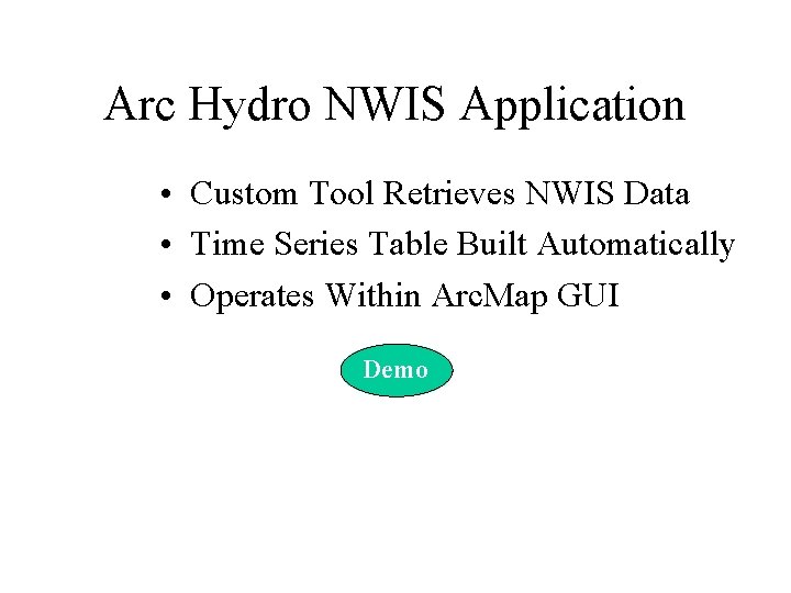 Arc Hydro NWIS Application • Custom Tool Retrieves NWIS Data • Time Series Table