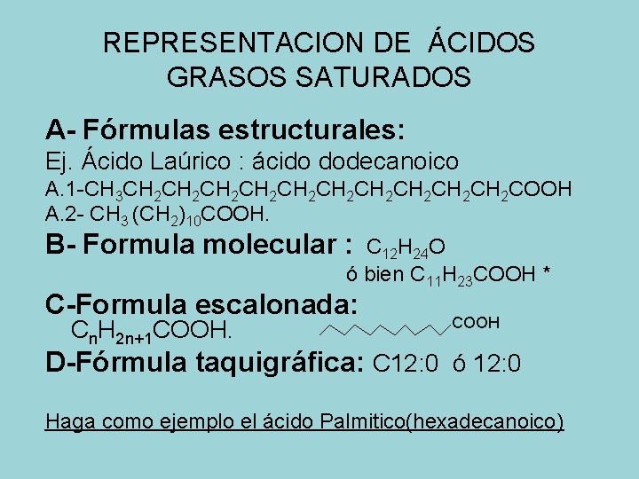 REPRESENTACION DE ÁCIDOS GRASOS SATURADOS A- Fórmulas estructurales: Ej. Ácido Laúrico : ácido dodecanoico