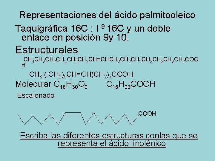 Representaciones del ácido palmitooleico Taquigráfica 16 C : I 9 16 C y un