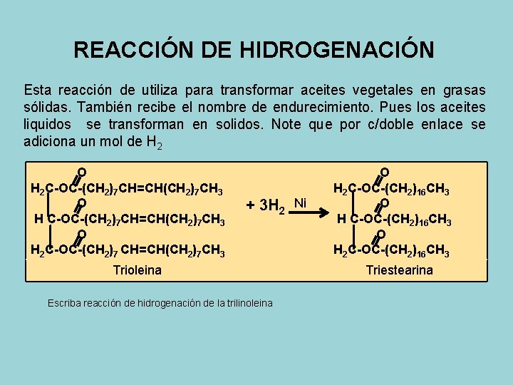 REACCIÓN DE HIDROGENACIÓN Esta reacción de utiliza para transformar aceites vegetales en grasas sólidas.