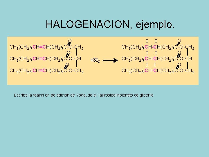 HALOGENACION, ejemplo. O CH 3(CH 2)7 CH=CH(CH =C 2)7 C-O-CH 2 O CH 3(CH