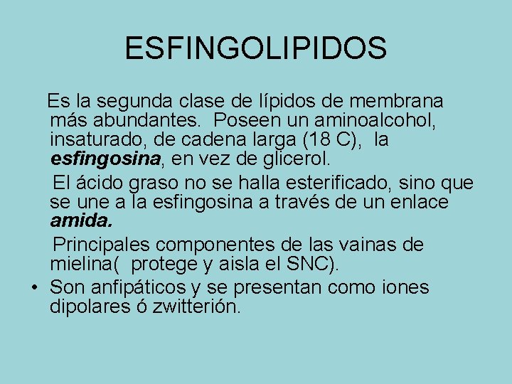 ESFINGOLIPIDOS Es la segunda clase de lípidos de membrana más abundantes. Poseen un aminoalcohol,