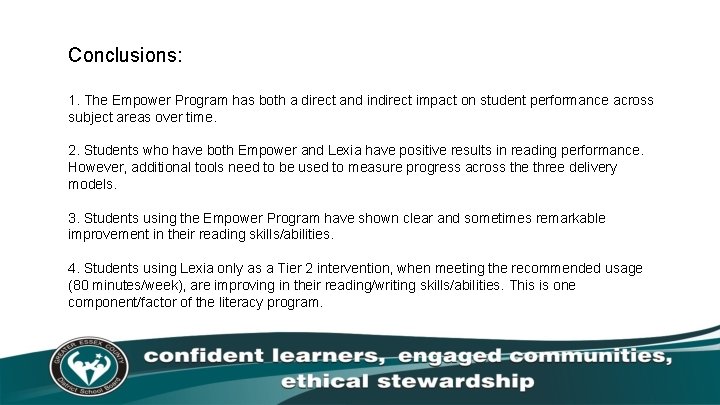Conclusions: 1. The Empower Program has both a direct and indirect impact on student
