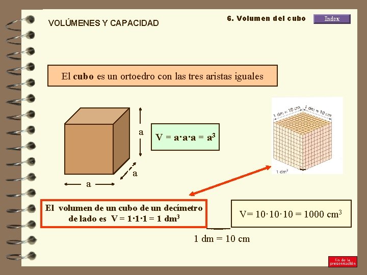 6. Volumen del cubo VOLÚMENES Y CAPACIDAD El cubo es un ortoedro con las