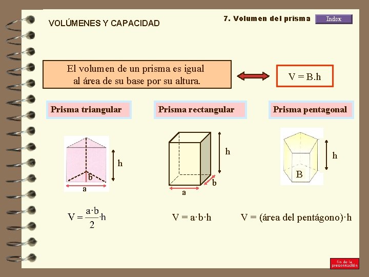 7. Volumen del prisma VOLÚMENES Y CAPACIDAD El volumen de un prisma es igual