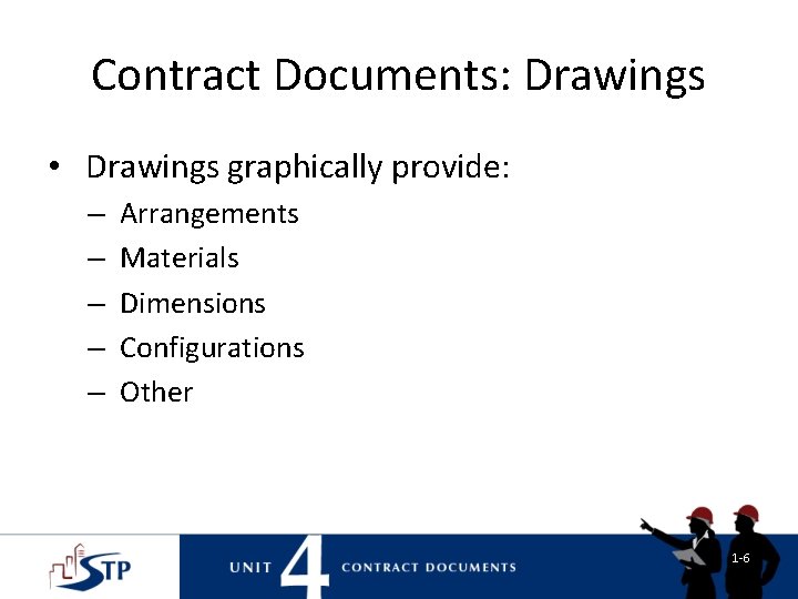 Contract Documents: Drawings • Drawings graphically provide: – – – Arrangements Materials Dimensions Configurations Contract Documents: Drawings • Drawings graphically provide: – – – Arrangements Materials Dimensions Configurations