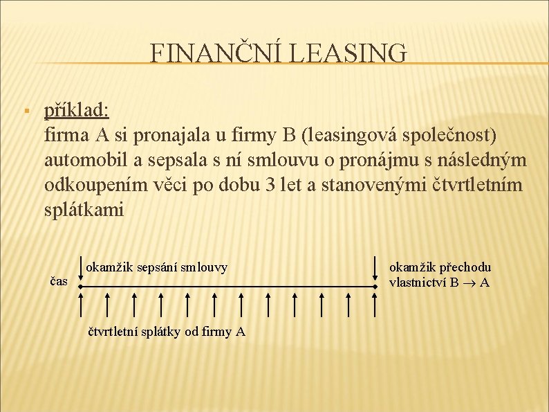 FINANČNÍ LEASING § příklad: firma A si pronajala u firmy B (leasingová společnost) automobil