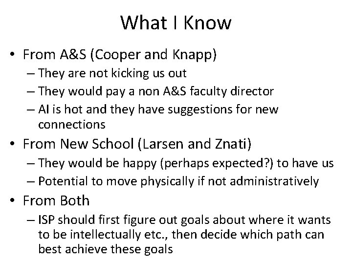 What I Know • From A&S (Cooper and Knapp) – They are not kicking