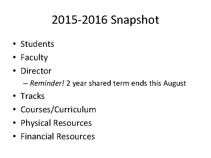 2015 -2016 Snapshot • Students • Faculty • Director – Reminder! 2 year shared