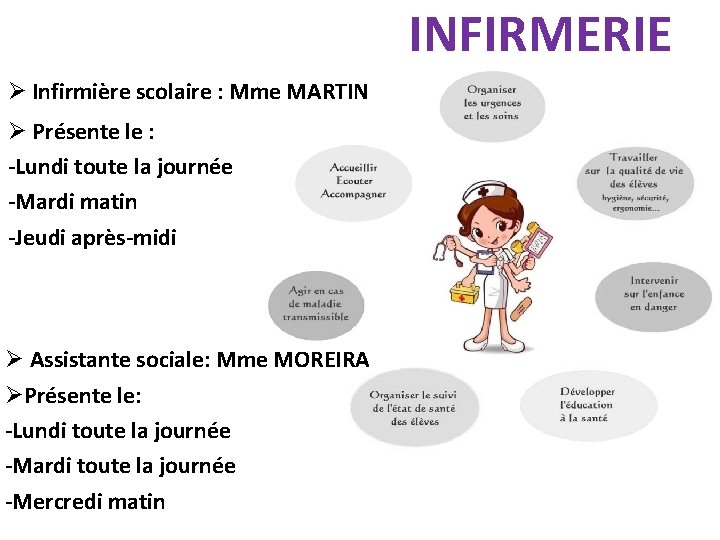 INFIRMERIE Infirmière scolaire : Mme MARTIN Présente le : -Lundi toute la journée -Mardi INFIRMERIE Infirmière scolaire : Mme MARTIN Présente le : -Lundi toute la journée -Mardi