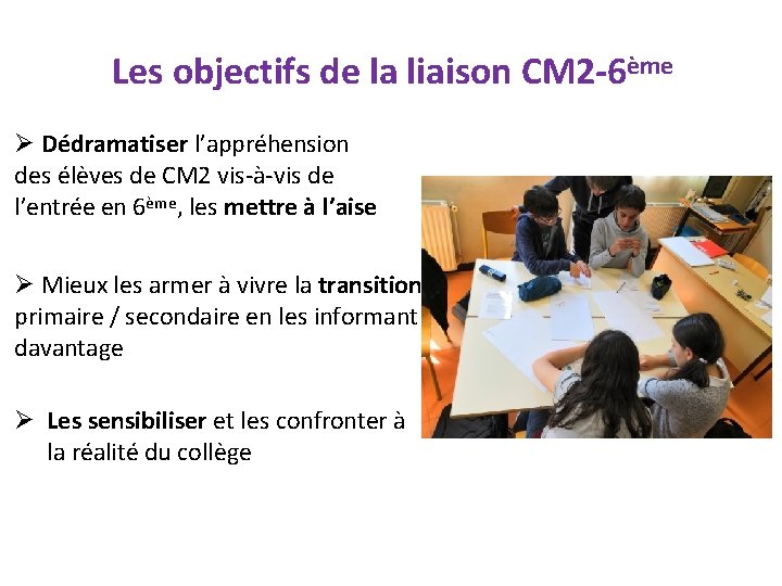 Les objectifs de la liaison CM 2 -6ème Dédramatiser l’appréhension des élèves de CM Les objectifs de la liaison CM 2 -6ème Dédramatiser l’appréhension des élèves de CM