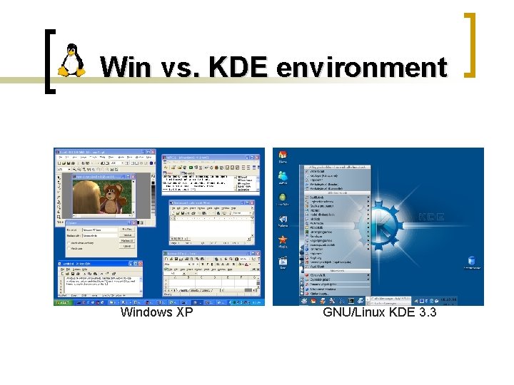 Win vs. KDE environment Windows XP GNU/Linux KDE 3. 3 