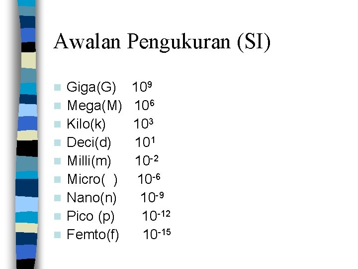 Awalan Pengukuran (SI) n n n n n Giga(G) Mega(M) Kilo(k) Deci(d) Milli(m) Micro(