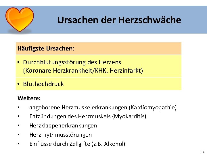 Ursachen der Herzschwäche Häufigste Ursachen: • Durchblutungsstörung des Herzens (Koronare Herzkrankheit/KHK, Herzinfarkt) • Bluthochdruck