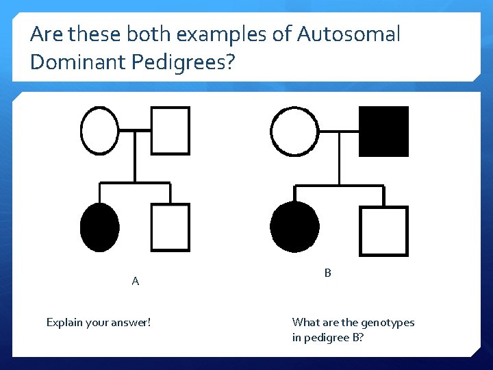 Are these both examples of Autosomal Dominant Pedigrees? A Explain your answer! B What
