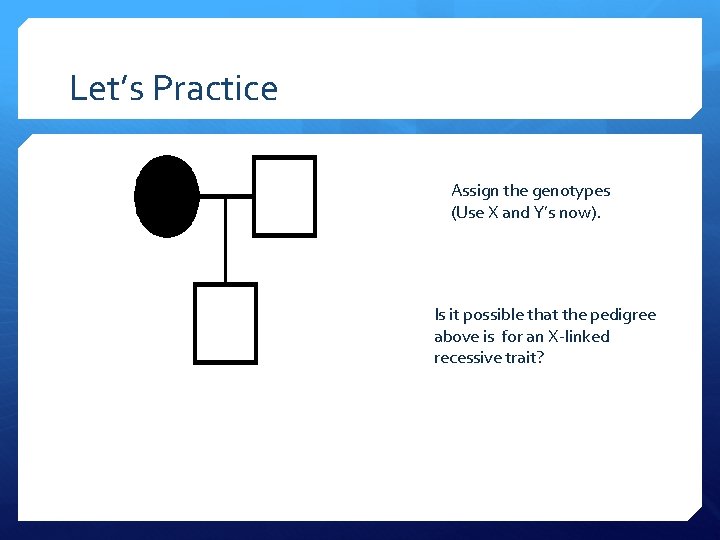 Let’s Practice Assign the genotypes (Use X and Y’s now). Is it possible that