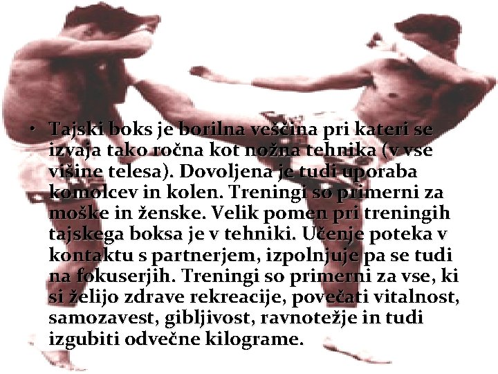  • Tajski boks je borilna veščina pri kateri se izvaja tako ročna kot