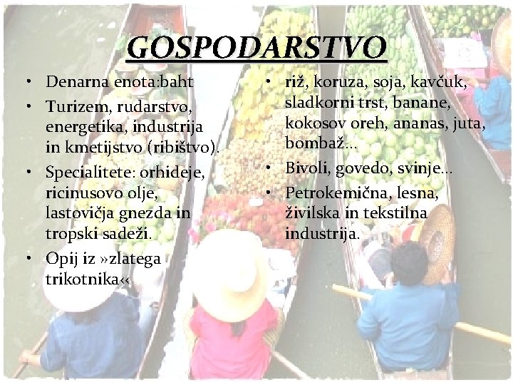 GOSPODARSTVO • Denarna enota: baht • Turizem, rudarstvo, energetika, industrija in kmetijstvo (ribištvo). •