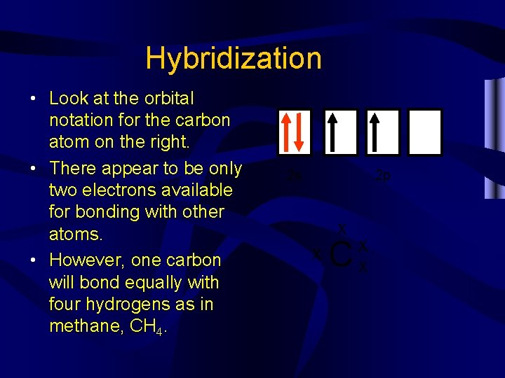 Hybridization • Look at the orbital notation for the carbon atom on the right.