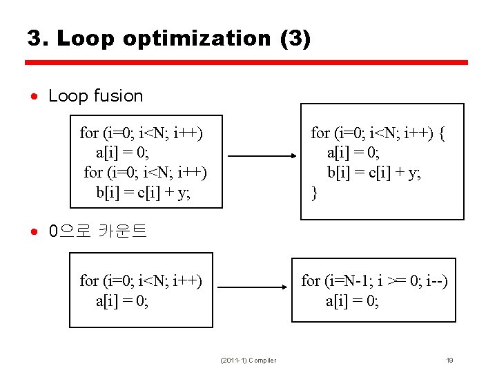 3. Loop optimization (3) • Loop fusion for (i=0; i<N; i++) a[i] = 0;