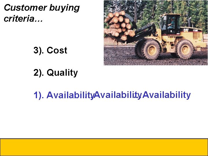 Customer buying criteria… 3). Cost 2). Quality …Availability 1). Availability 