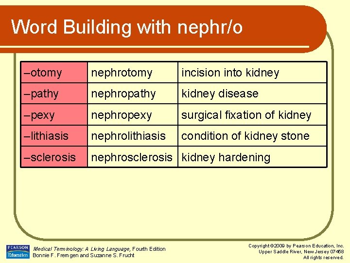 Word Building with nephr/o –otomy nephrotomy incision into kidney –pathy nephropathy kidney disease –pexy