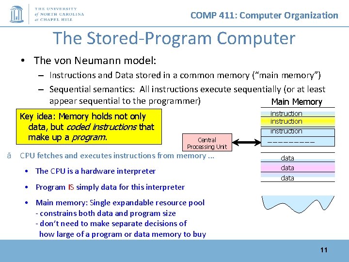 COMP 411: Computer Organization The Stored-Program Computer • The von Neumann model: – Instructions