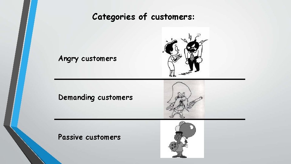 Categories of customers: Angry customers Demanding customers Passive customers 