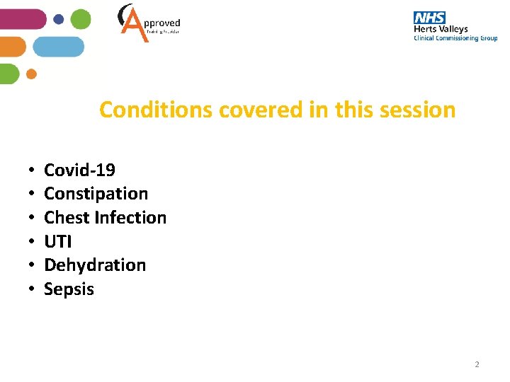 Conditions covered in this session • • • Covid-19 Constipation Chest Infection UTI Dehydration