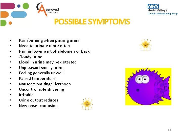 POSSIBLE SYMPTOMS • • • • Pain/burning when passing urine Need to urinate more