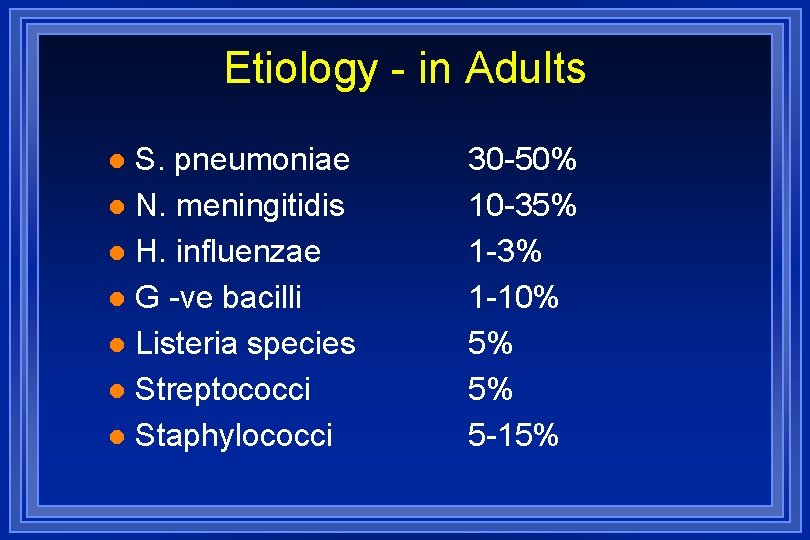 Etiology - in Adults S. pneumoniae l N. meningitidis l H. influenzae l G